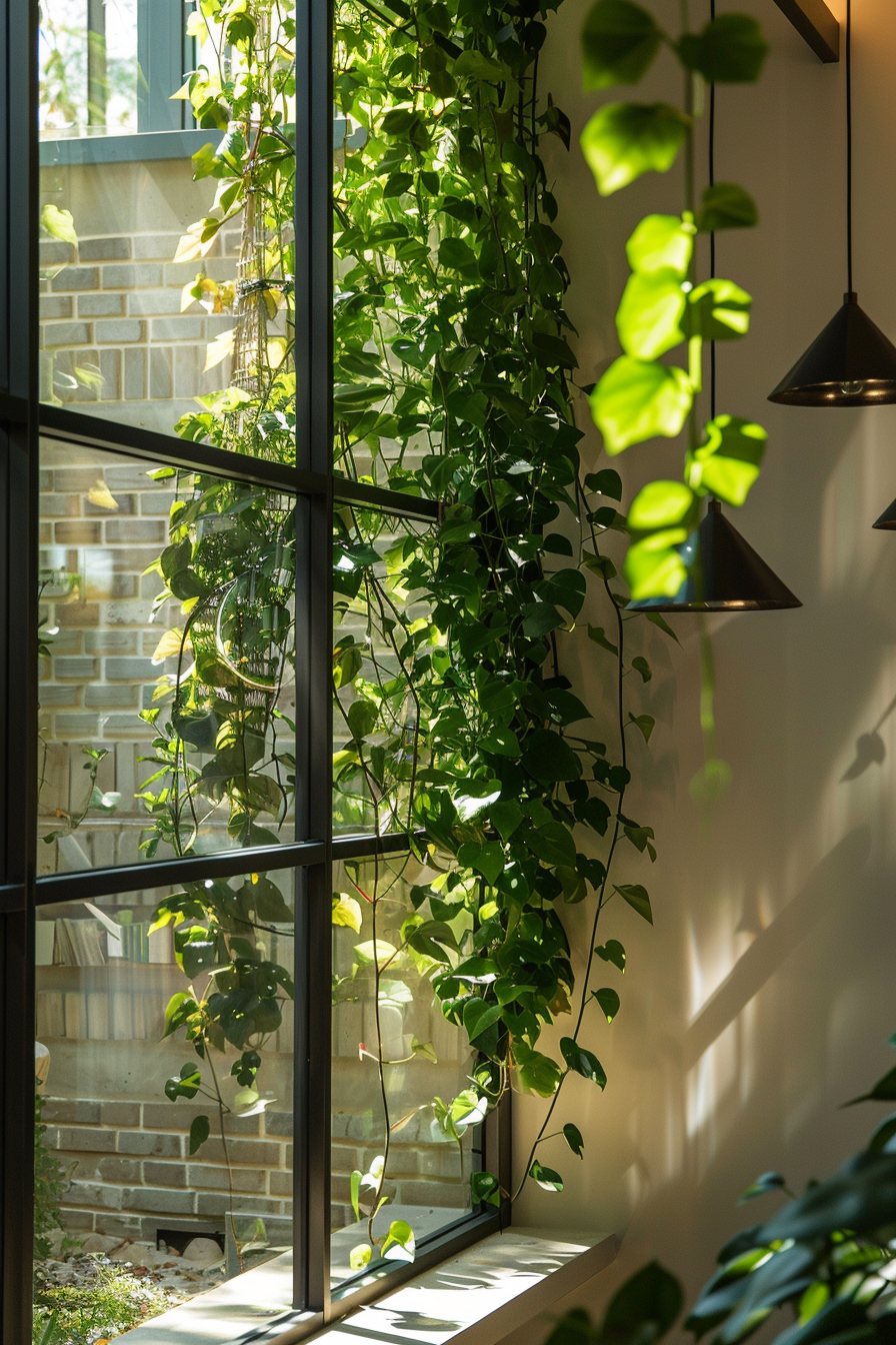 Sunlight filtering through a window with green climbing plants, casting shadows on the wall, with pendant lights visible.