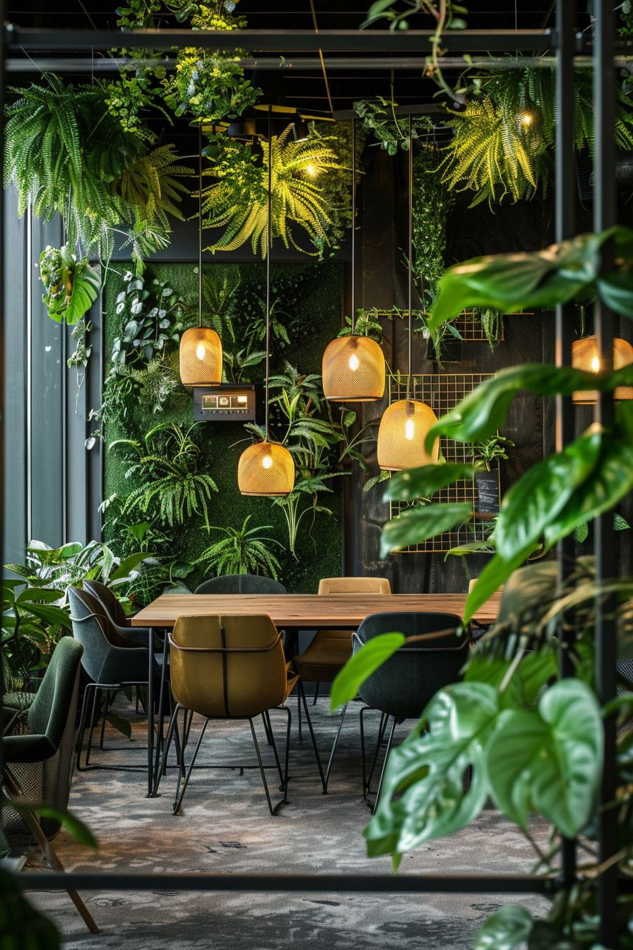 A cozy indoor space with hanging plants, green wall, woven pendant lights, and a mix of modern chairs and wooden tables.