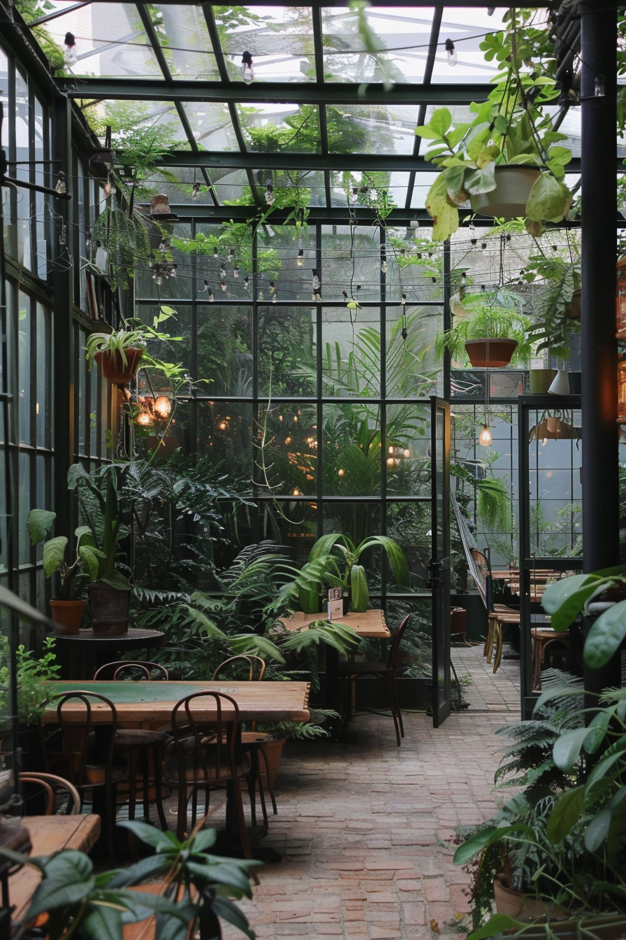 A cozy greenhouse café interior with lush plants, wooden tables, hanging lights, and a glass roof.