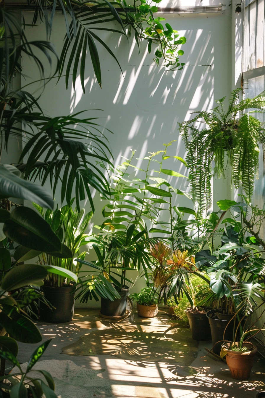 Indoor garden with various potted plants bathing in sunlight, casting shadows on a white wall and floor.