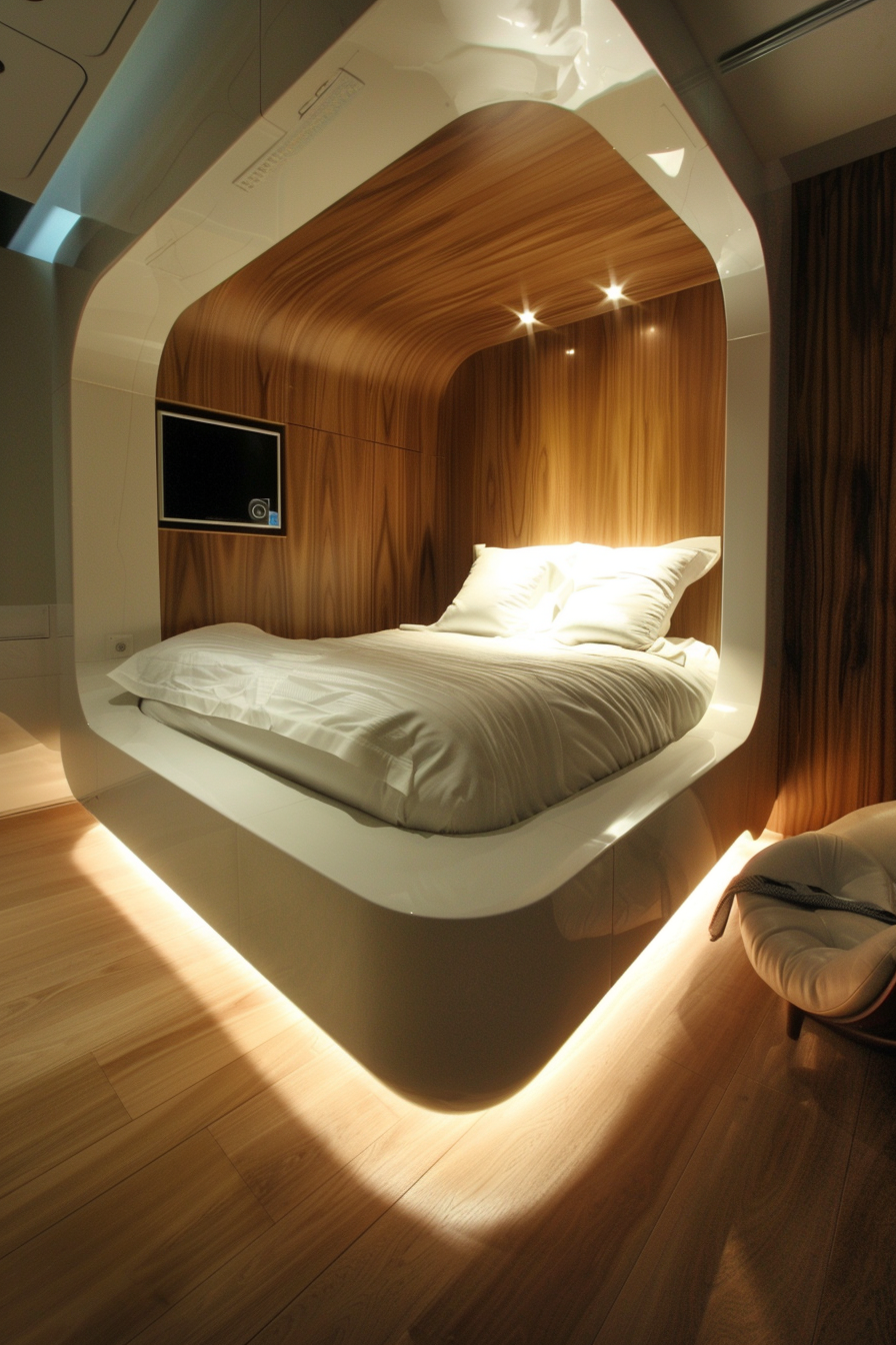 Modern bedroom with a floating bed design, wooden panel walls, and ambient lighting.