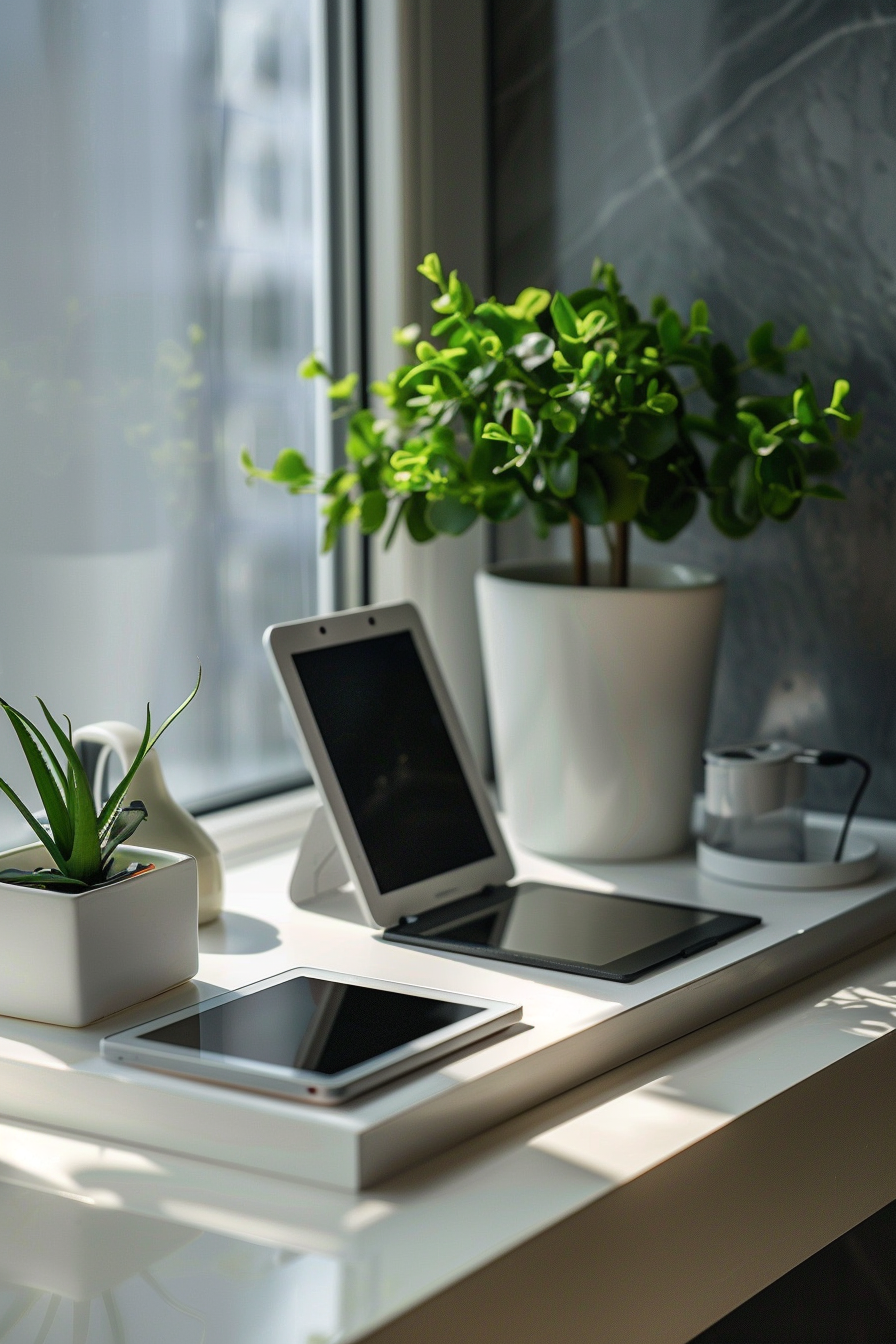 ALT: A modern workspace with tablet devices on a stand, next to potted plants on a windowsill, basking in natural sunlight.