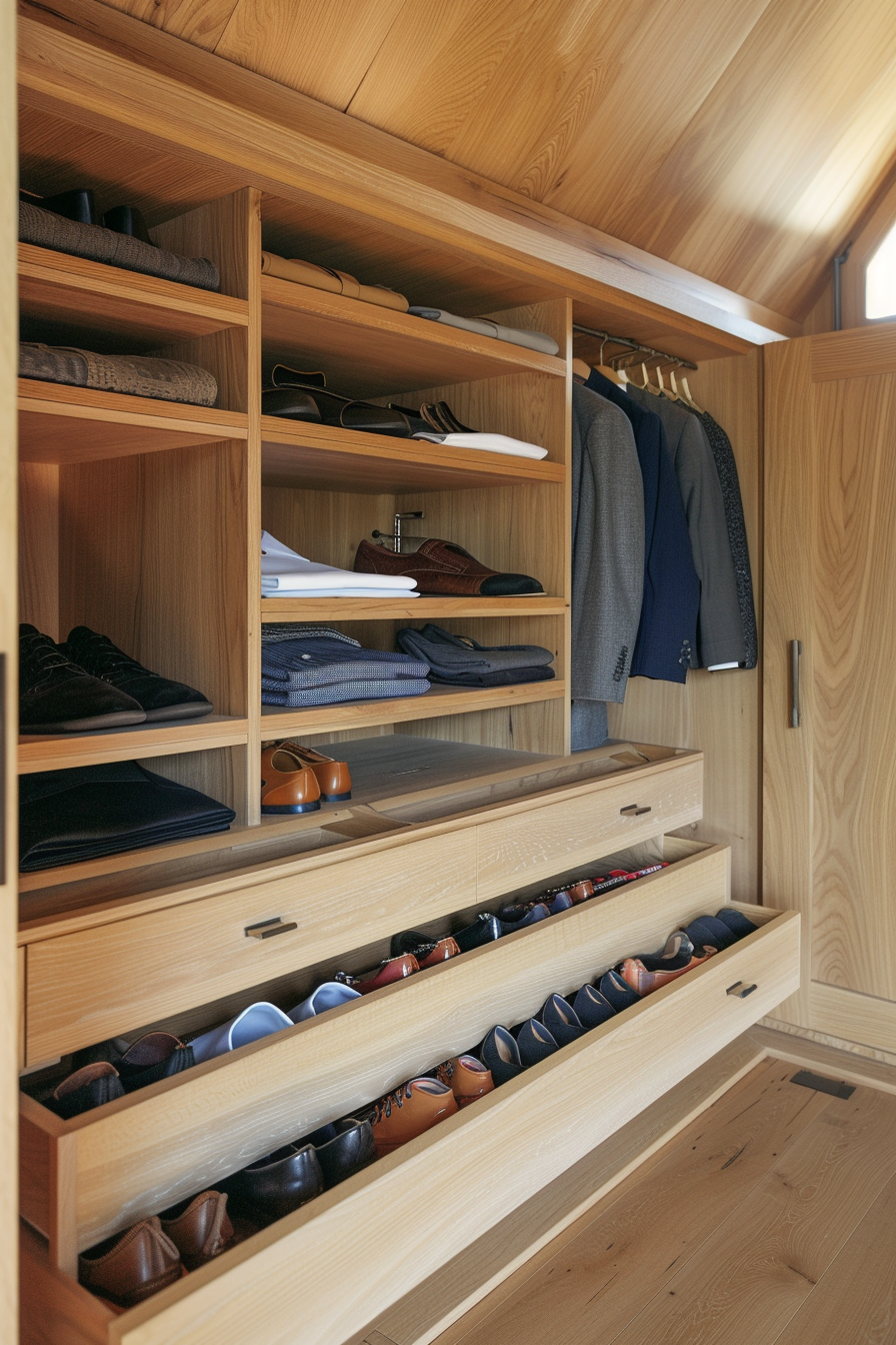 ALT: A neatly organized wooden wardrobe with shelves for clothes, jackets on hangers, and pull-out drawers for an assortment of shoes.