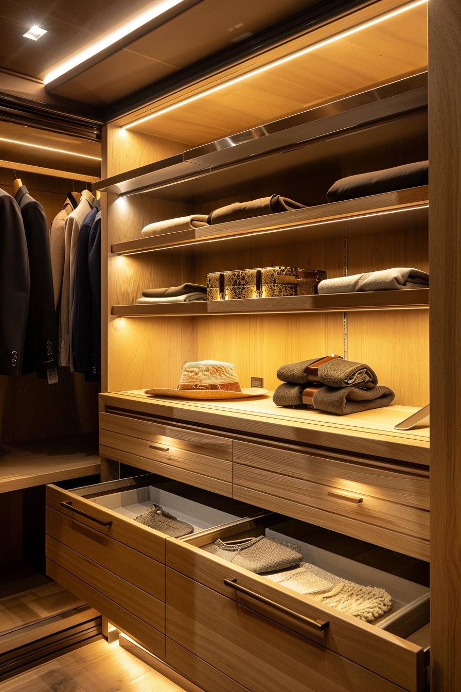 A well-organized wooden wardrobe with LED lighting displaying clothes, hats, and accessories.