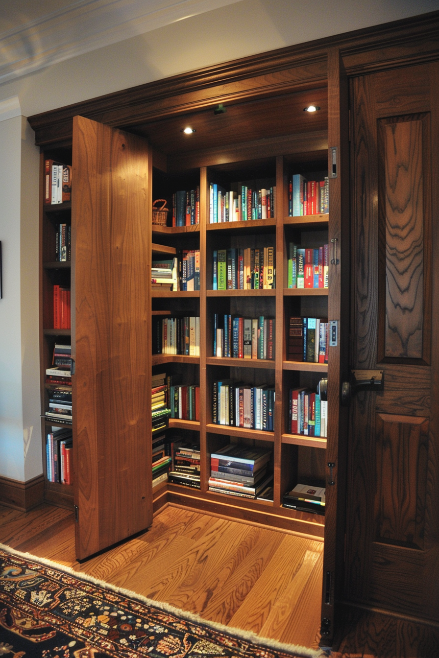 A bookcase with a secret door open, revealing a hidden room behind it, set in a room with wooden flooring and a patterned rug.