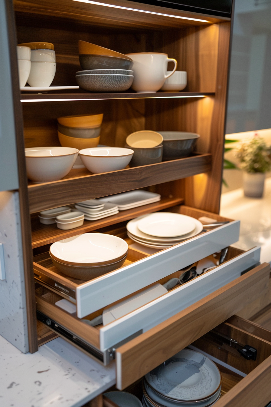 ALT text: An organized kitchen cupboard with neatly stacked ceramic dishes, bowls, and plates in wooden shelves and drawers.