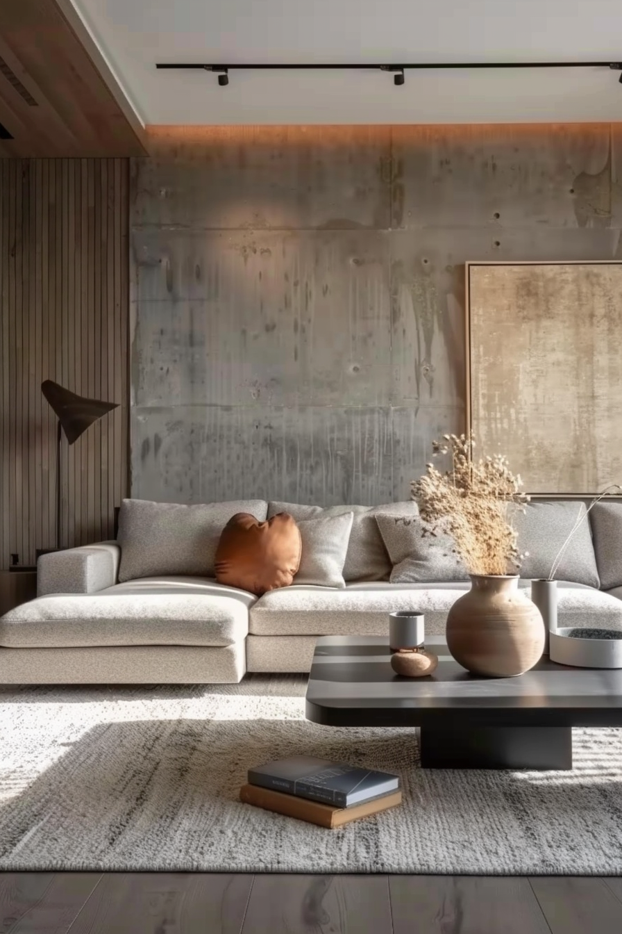 A modern living room with a plush sofa, textured walls, a round coffee table, decorative vases, and a cozy shag rug.