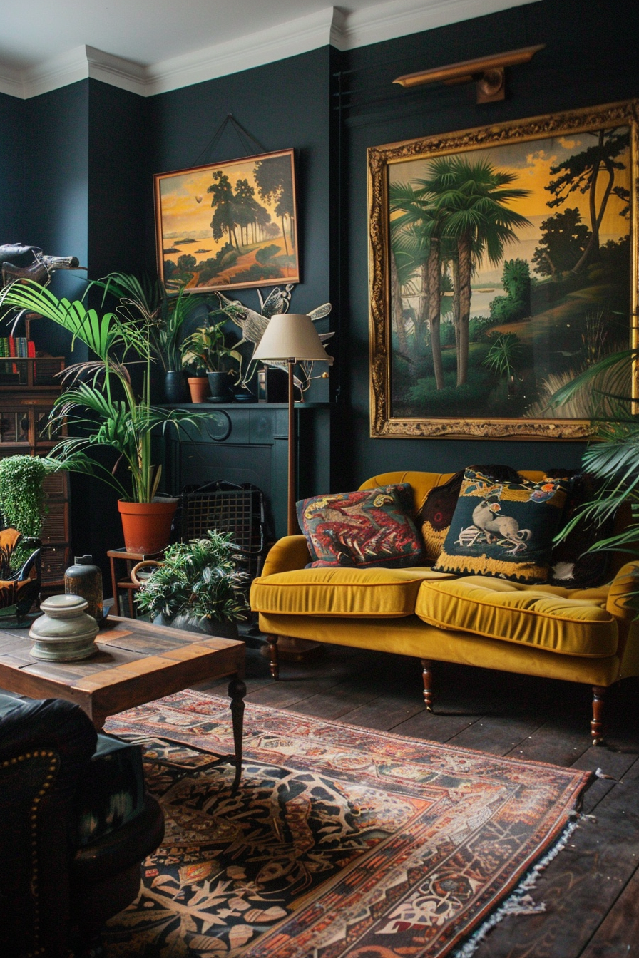 Cozy room with dark walls featuring a yellow velvet sofa, vintage paintings, potted plants, and a patterned rug.