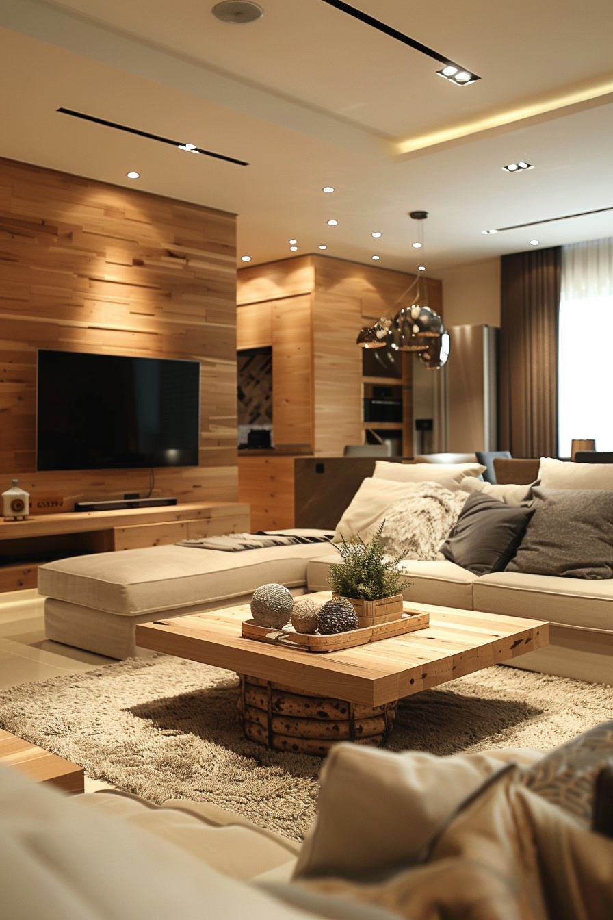 Modern living room with wooden features, plush sofas, and a decorative coffee table under warm lighting.