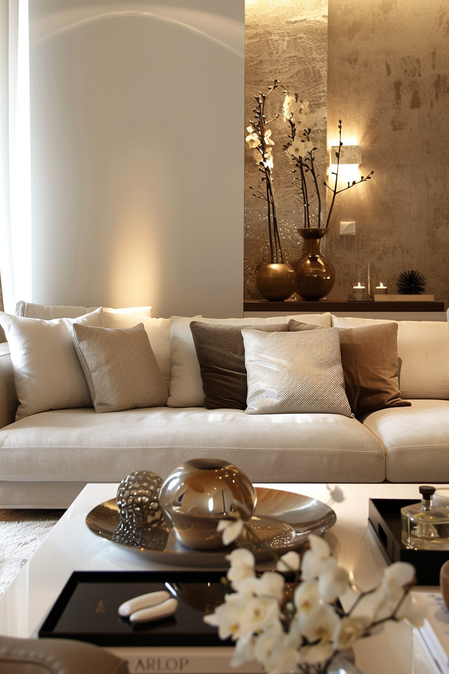 Elegant living room interior with a beige sofa, decorative cushions, metallic vases with branches, and a coffee table with ornaments.