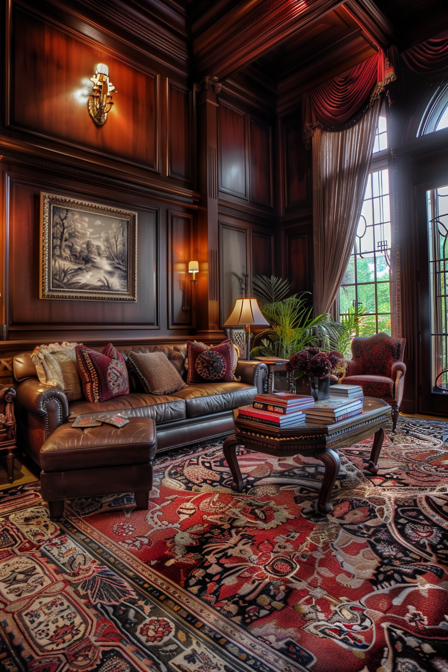 Elegant traditional living room with leather sofa, ornate area rug, rich wooden paneling, and tall draped windows.