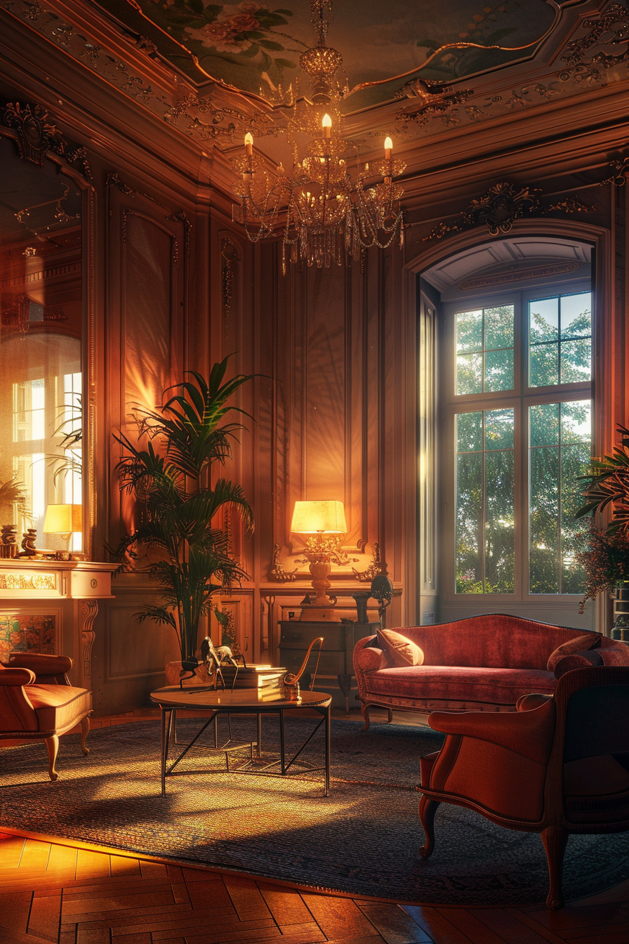 ALT: Elegant vintage room with ornate chandelier, lush plants, classical furniture, and sunlight streaming through large window.