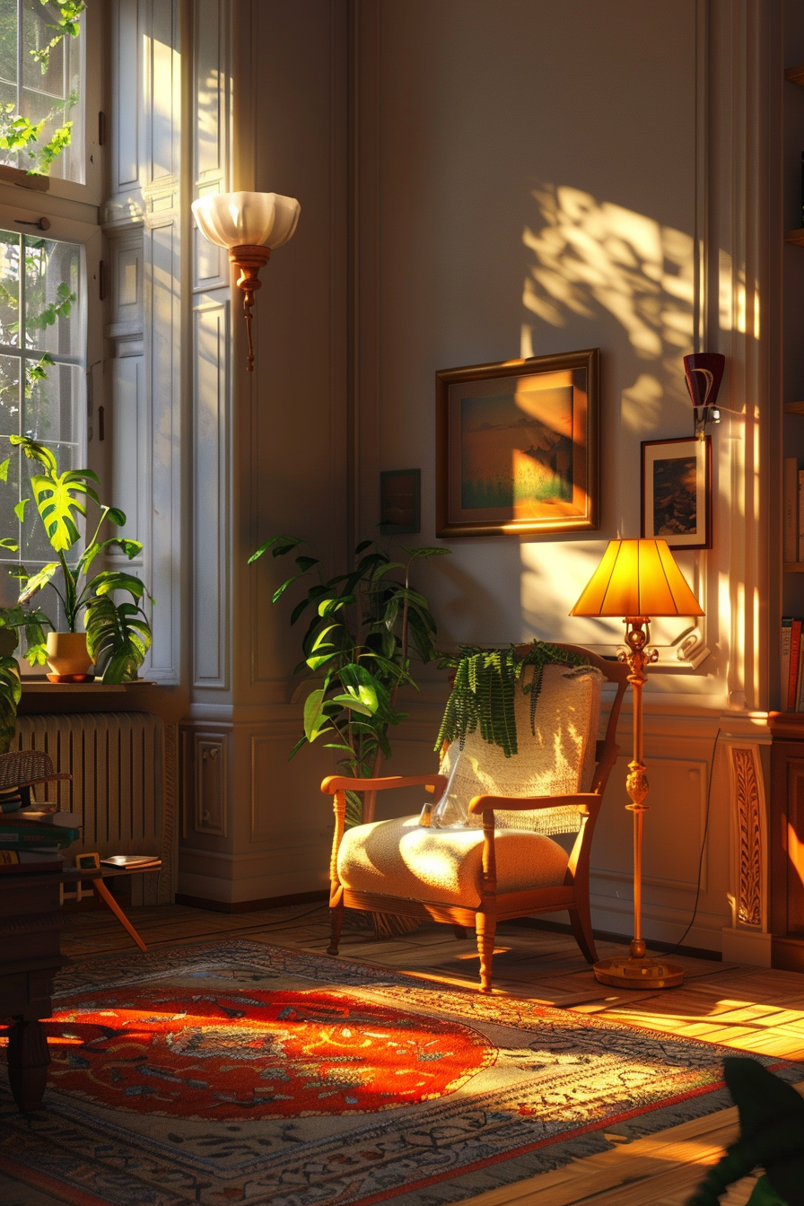 A cozy room at sunset with warm light casting shadows on the wall, plants by the window, an armchair, and an ornate rug.