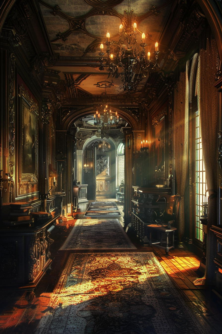 Opulent vintage corridor with ornate wooden details, chandeliers, and sunlight filtering through the stained glass windows.