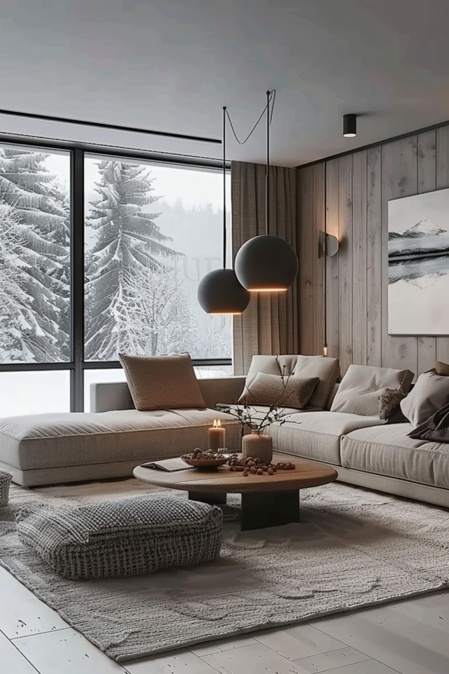 Cozy modern living room interior with large windows overlooking snowy trees, sectional sofa, and warm lighting.