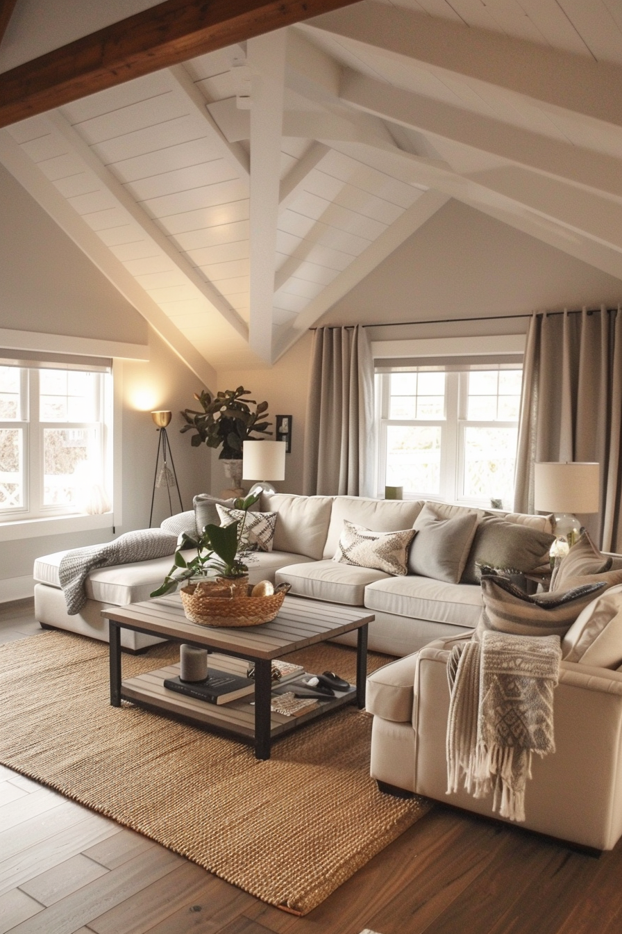 Cozy living room with a beige sectional sofa, wooden coffee table, exposed beams, and warm lighting.