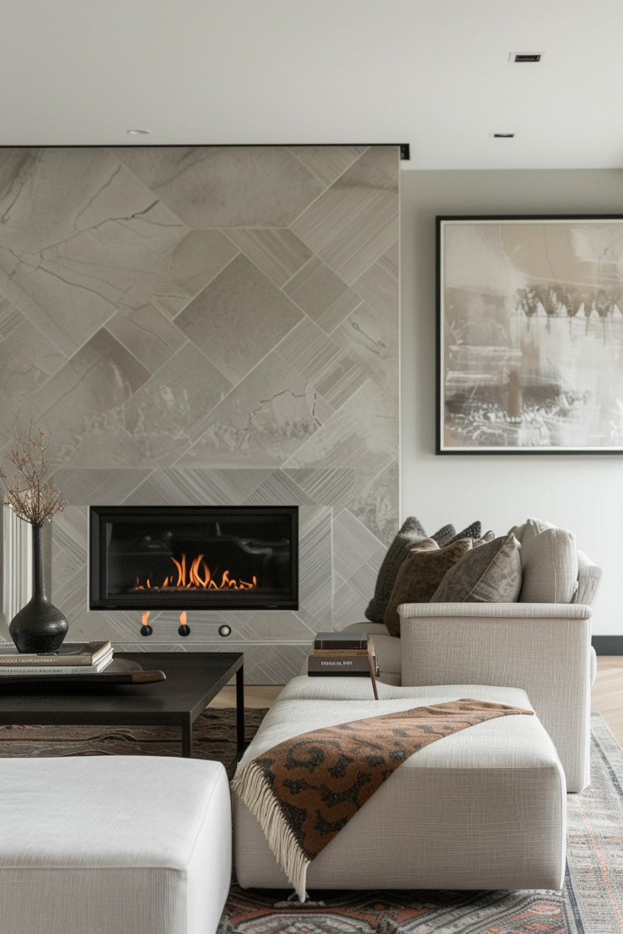 Elegant living room with a modern gas fireplace, herringbone tile surround, beige couch with pillows, and a framed wall art piece.