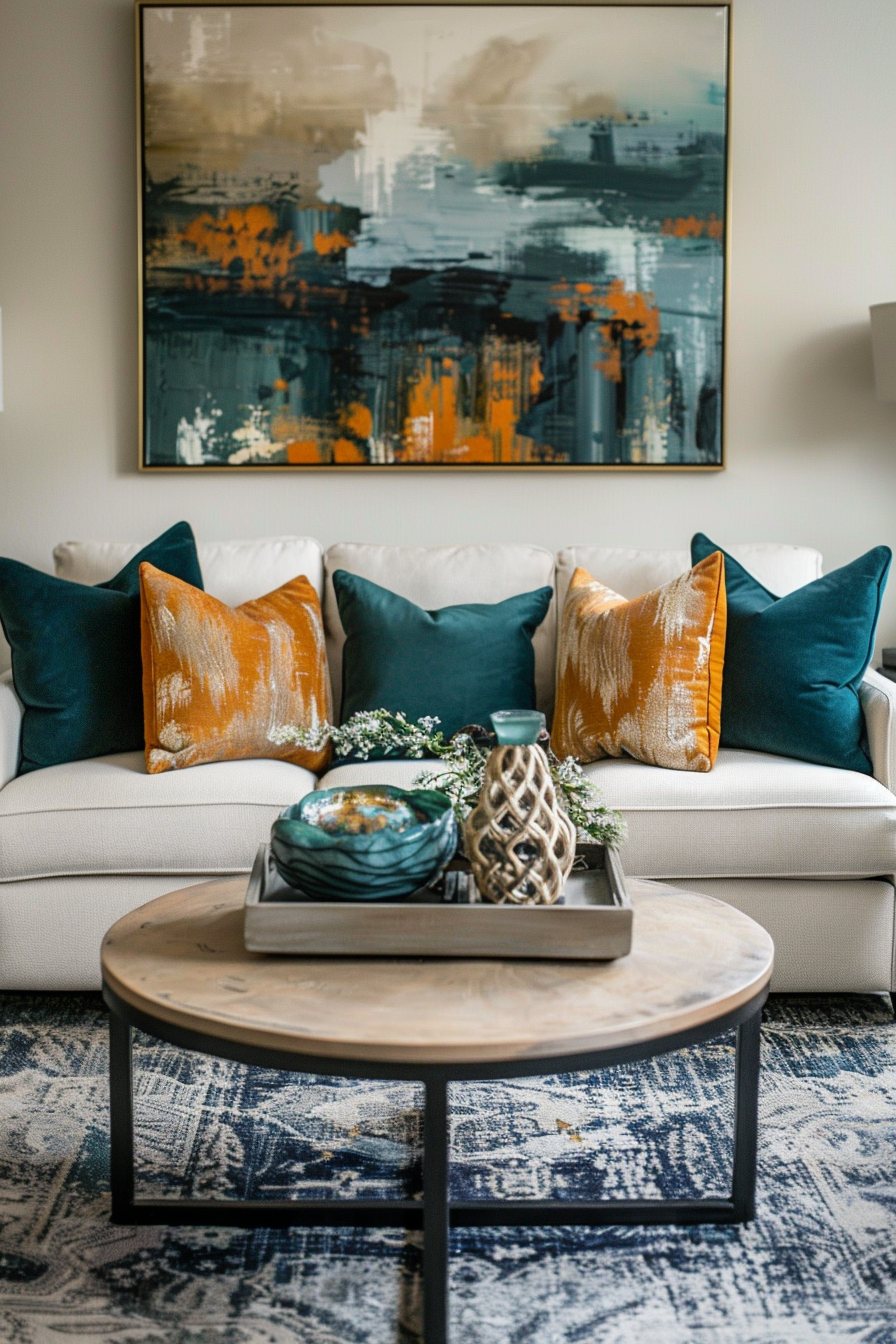 A modern living room with a white sofa adorned with orange and teal pillows, a wooden coffee table, and an abstract painting above.