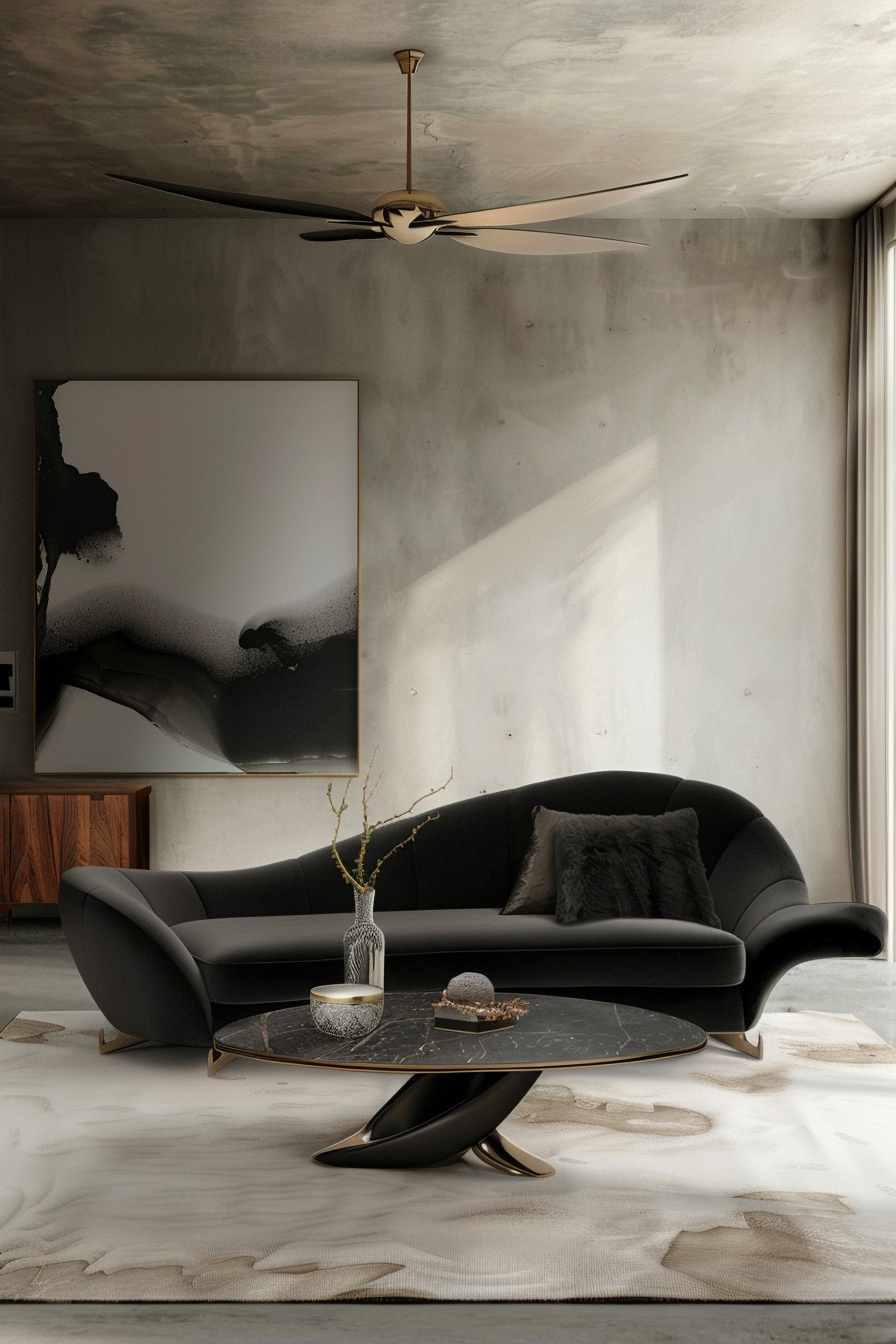 Modern living room with a black sofa, oval marble table, abstract art, and a ceiling fan with wooden accents.