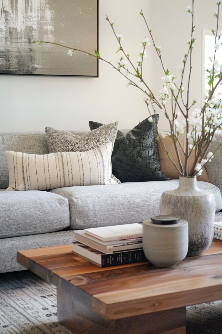 Cozy living room corner with a grey sofa, decorative pillows, flowering branches in a vase, wooden coffee table, and books.