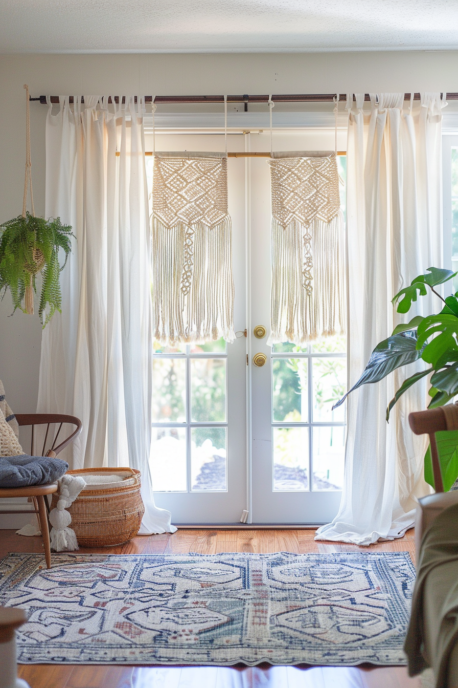 Alt text: A cozy room with a patterned rug, macrame wall hangings on either side of a glass door with sheer curtains, and green houseplants.