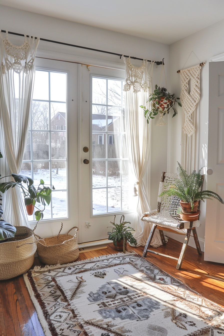 A cozy sunlit room with macramé wall hangings, plants, a woven chair, baskets, and a rug, overlooking a snowy exterior.
