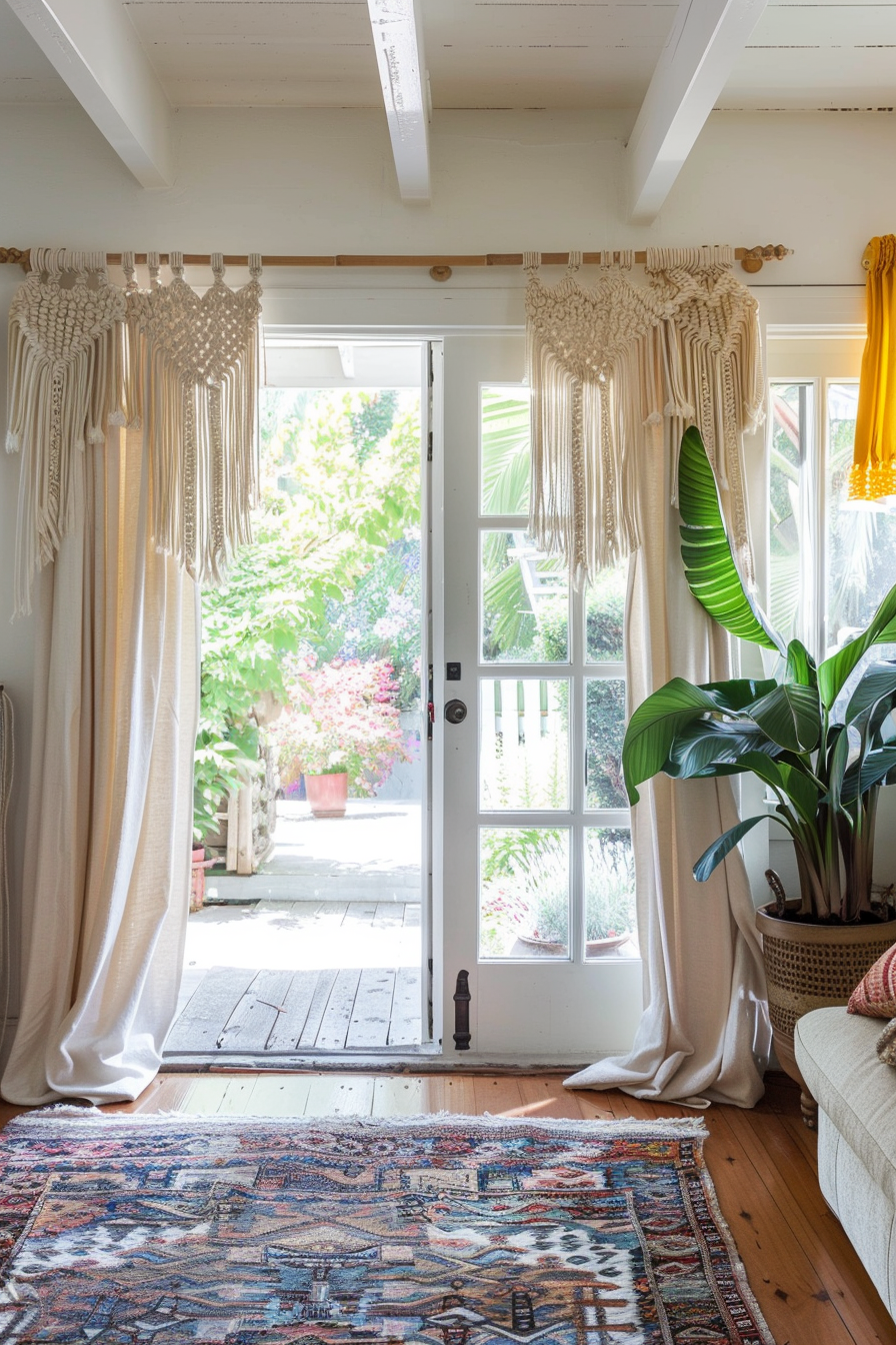 Cozy interior with macramé curtain decor, a bright glass door opening to a garden, a patterned rug, and a large indoor plant.