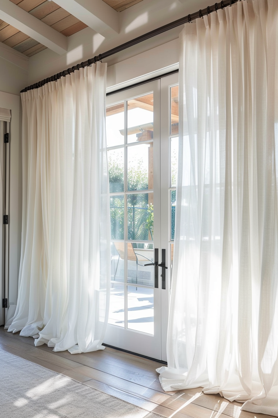 A sunlit room with sheer white curtains gently draping over a sliding glass door, leading to an outdoor area.