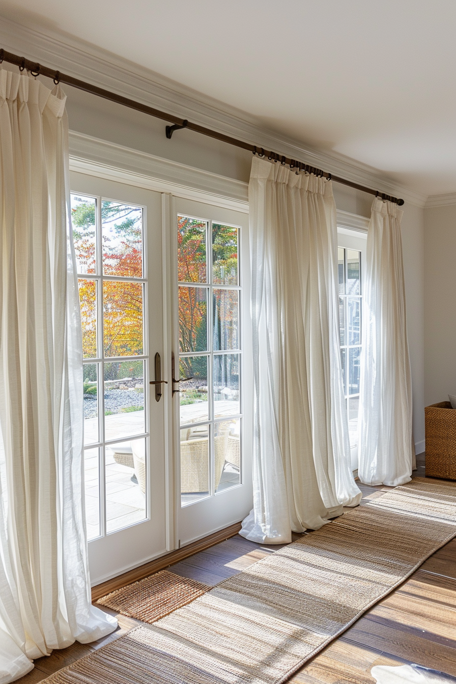 Bright room with sheer curtains on a windowed door, showcasing the colorful autumn foliage outside.