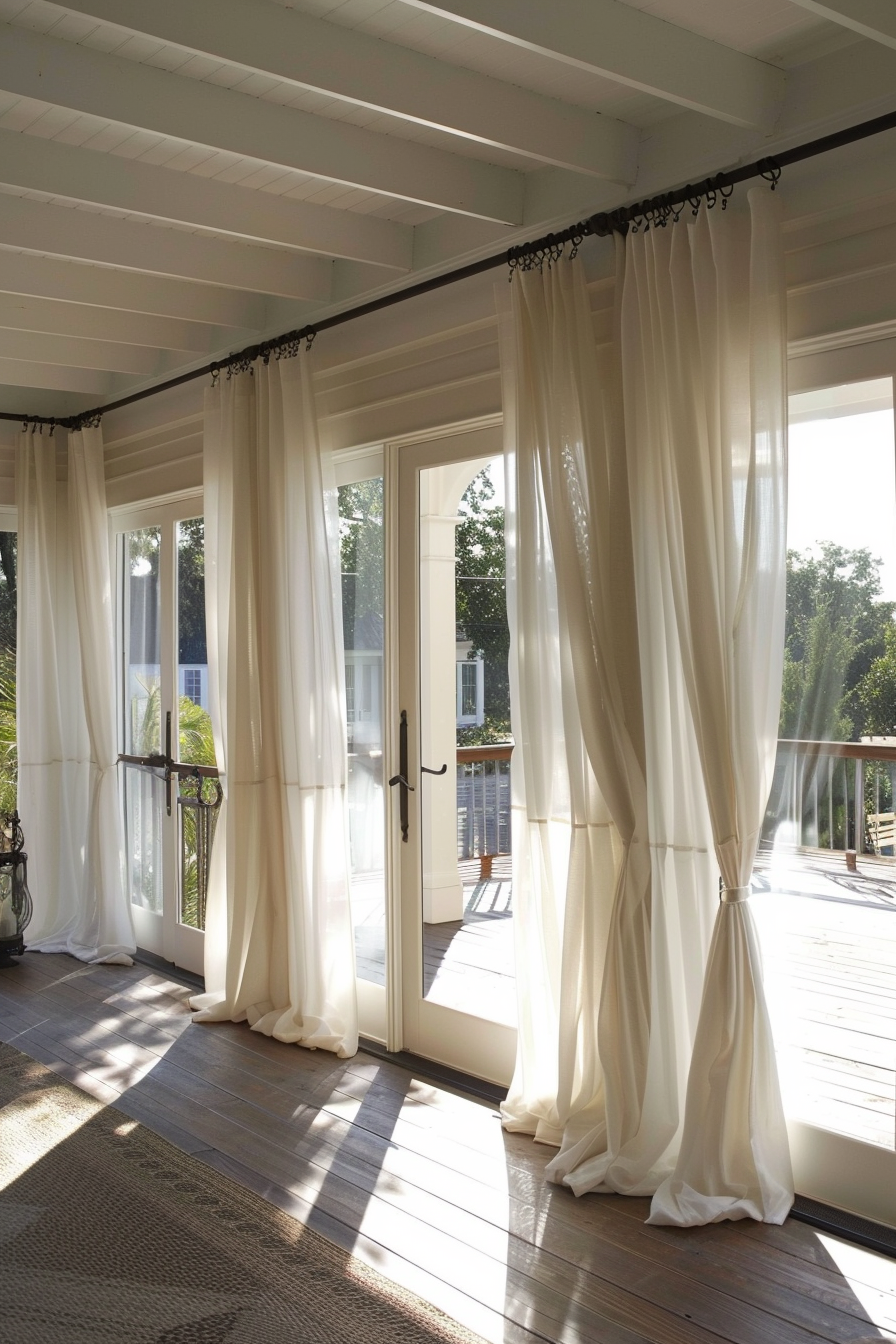 Sunlit room with sheer curtains, wooden floors, and French doors opening to a deck.