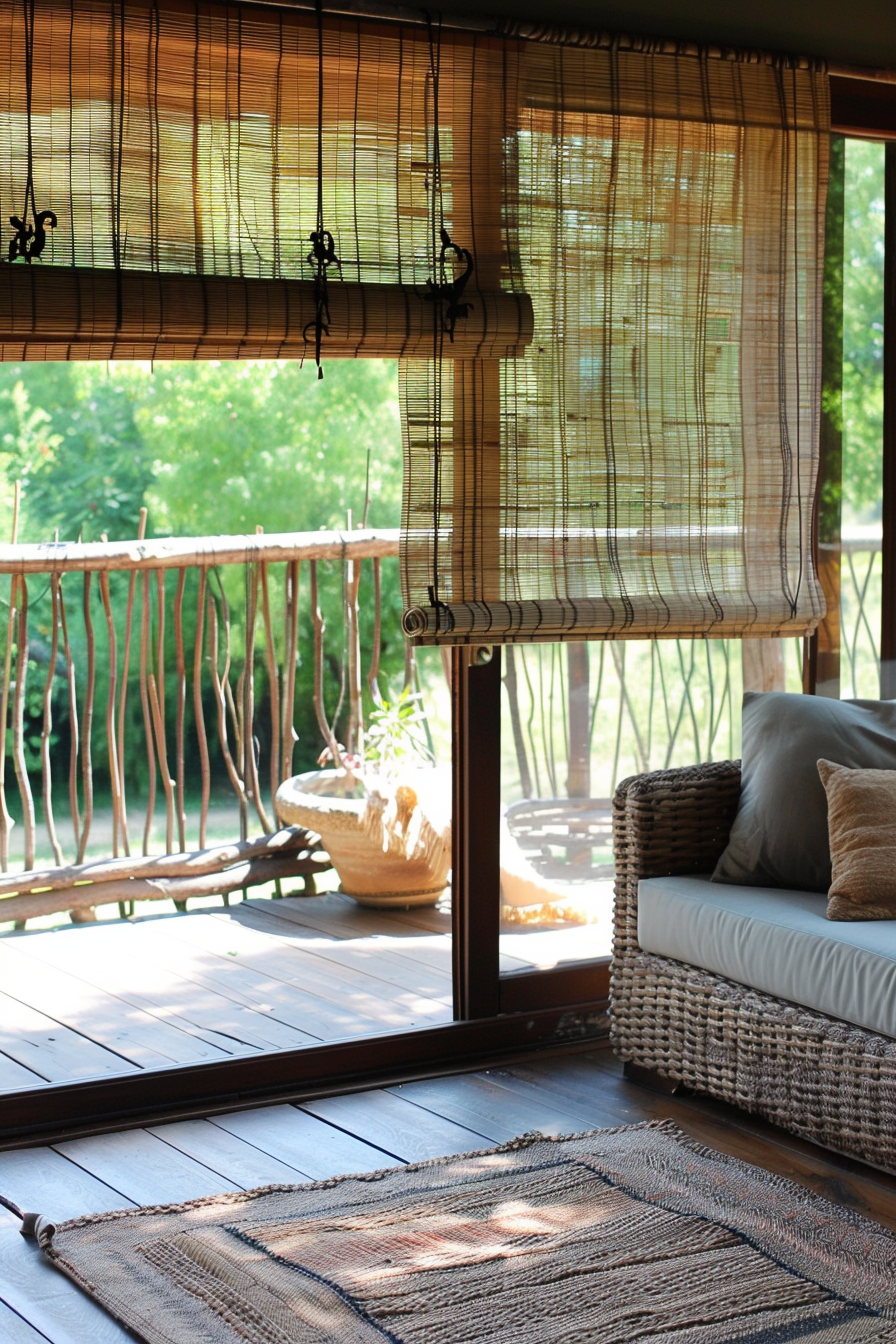 Alt text: A cozy sunlit porch with bamboo blinds, a wicker sofa, and a rustic rug, overlooking a lush garden.