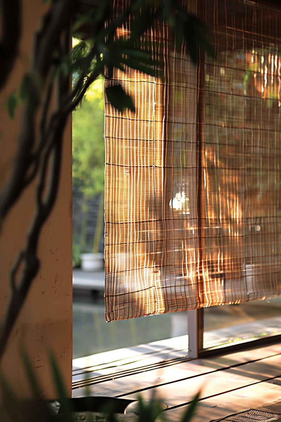 Bamboo blinds casting a warm golden glow on a wooden deck with soft sunlight filtering through, flanked by green foliage.