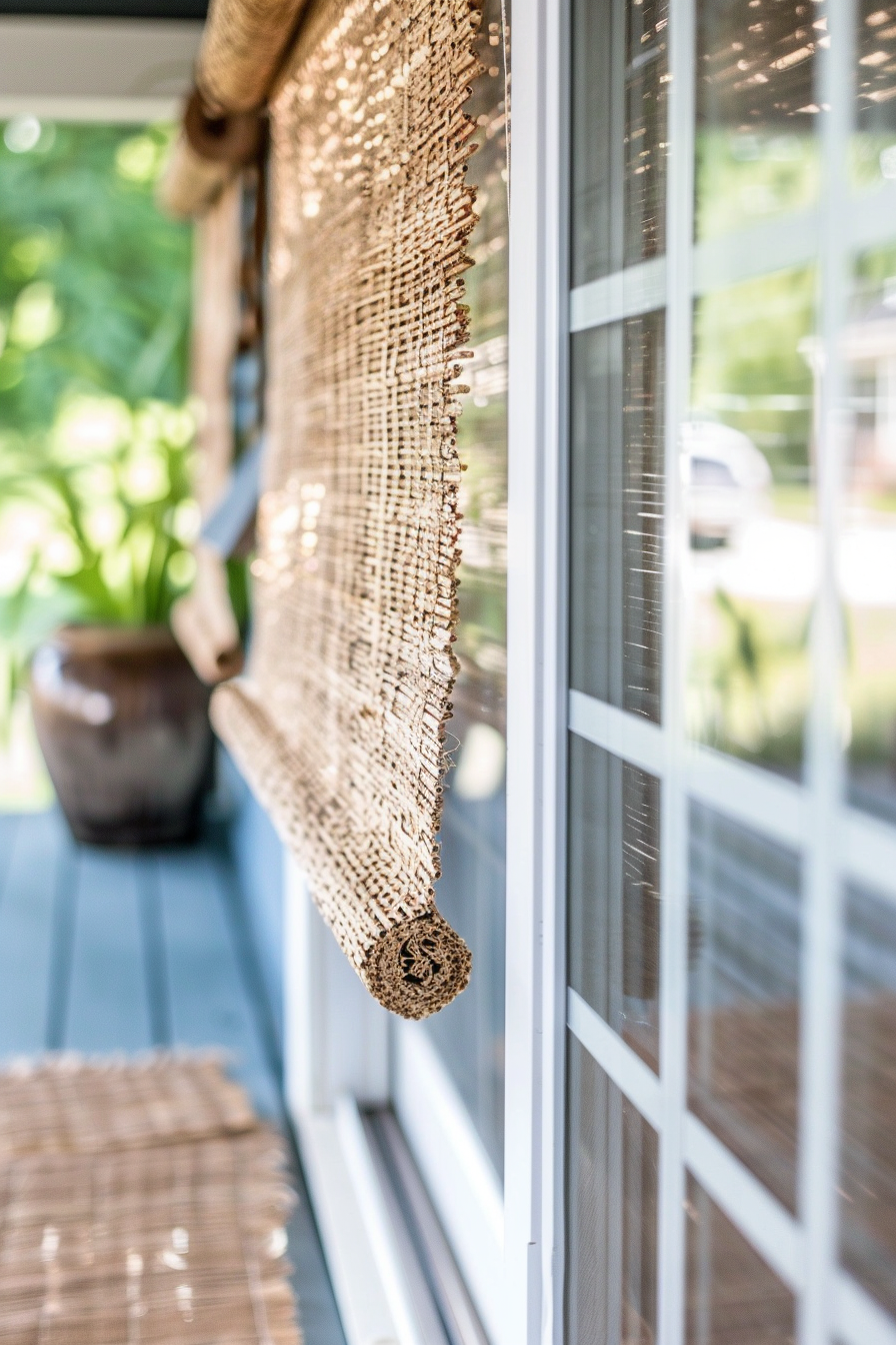 A close-up image of a rolled-up bamboo blind beside a glass window, with a blurry view of a porch and a car outside.