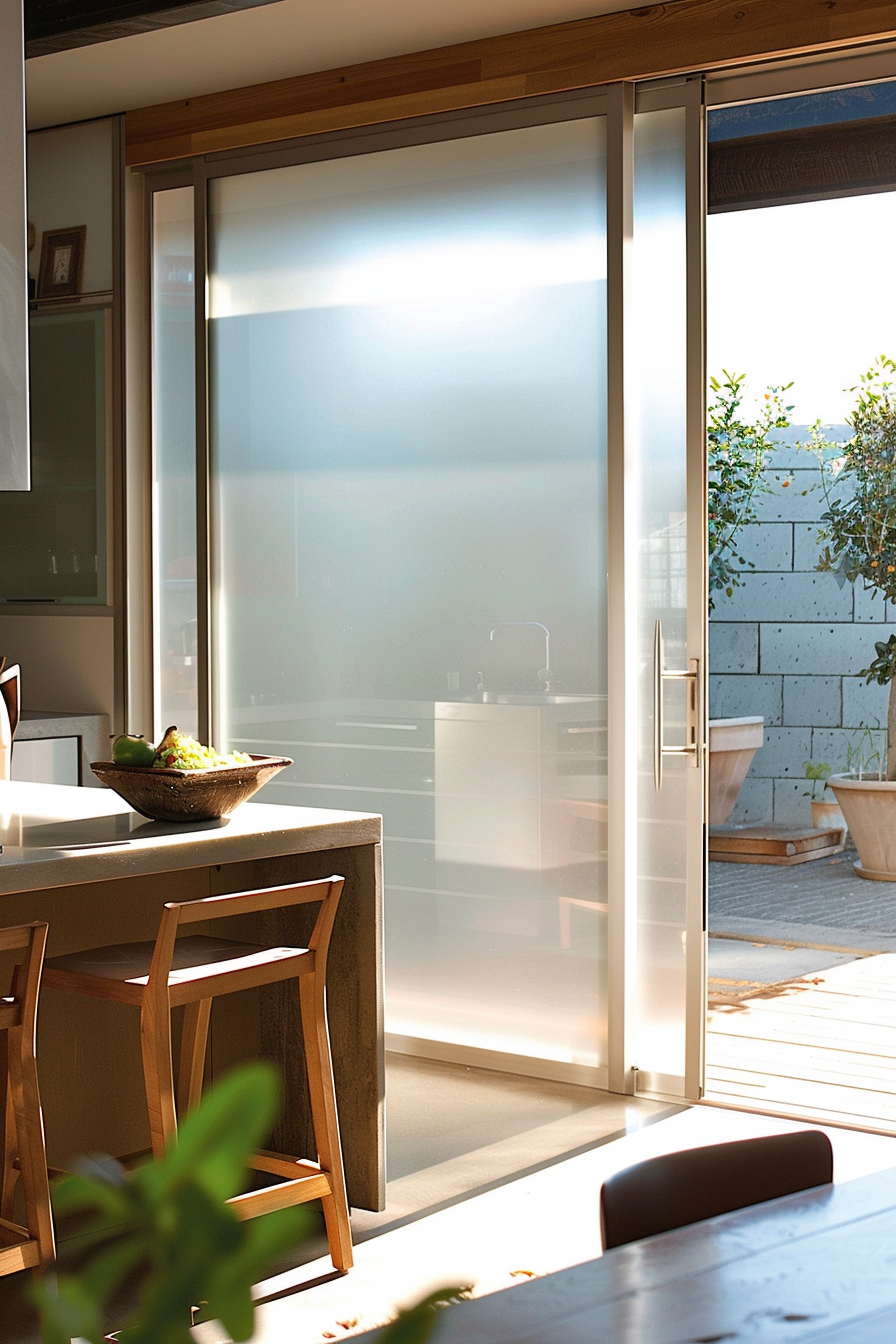Modern dining room with sunlight streaming through a large glass door leading to an outdoor patio.