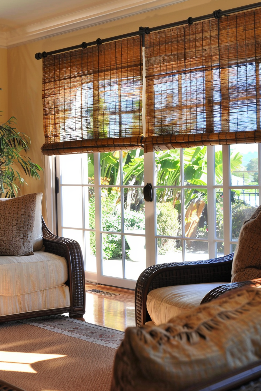 A cozy sunlit room with a wicker sofa, bamboo blinds on a window overlooking a garden.