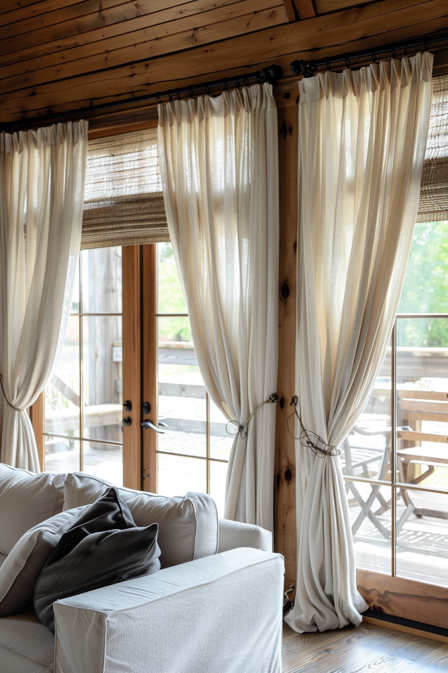 Cozy interior corner with sheer curtains on window, plush sofa with throw cushion, and warm wooden accents.