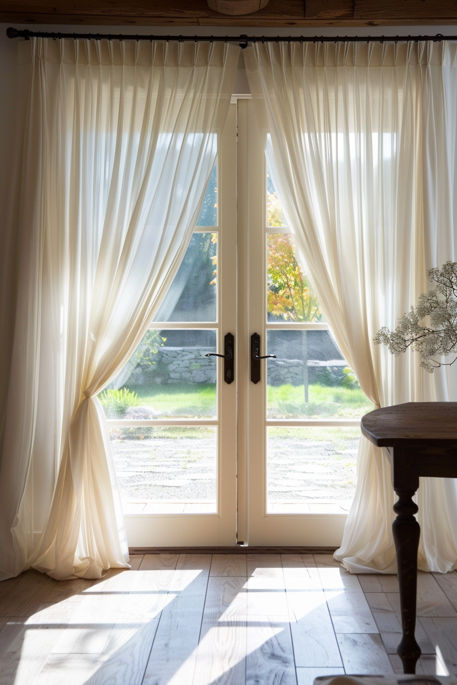 Sheer curtains drape a sunlit window opening to a garden view, with a hint of a wooden table at the side.