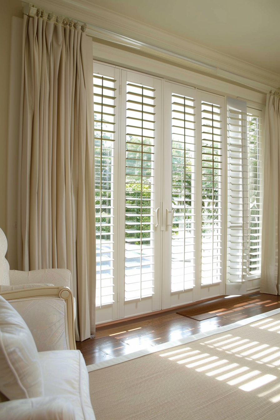 Elegant room corner with large windows featuring white shutters and beige drapery, sunlight casting shadows on the floor.