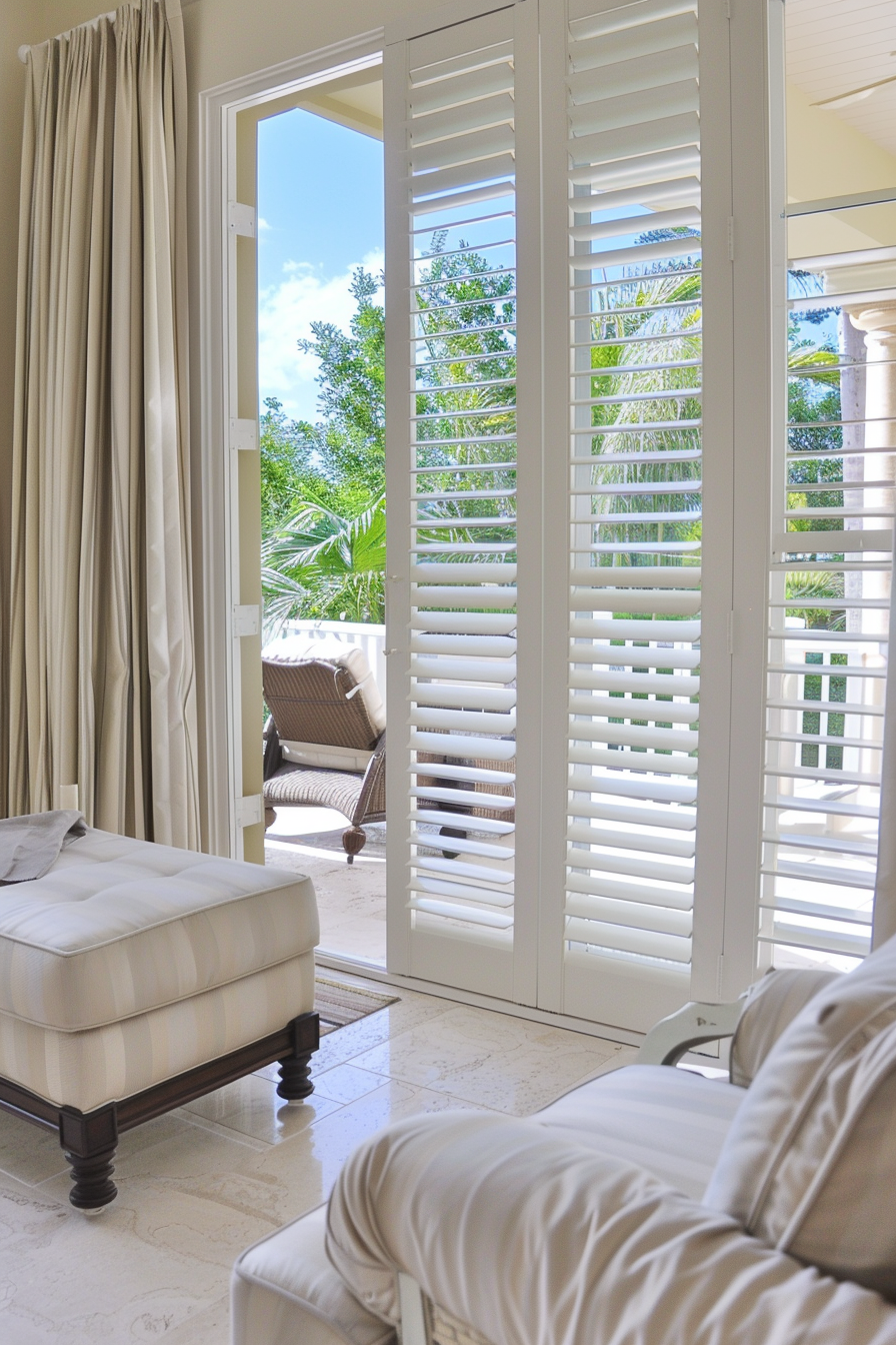 Elegant interior with white shutters and drapes, overlooking a sunny view with green foliage.
