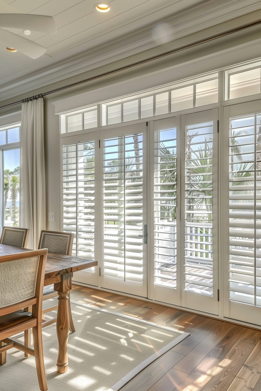 A bright, sunlit room with large white plantation shutters on the windows, a wooden table with chairs, and hardwood floors.