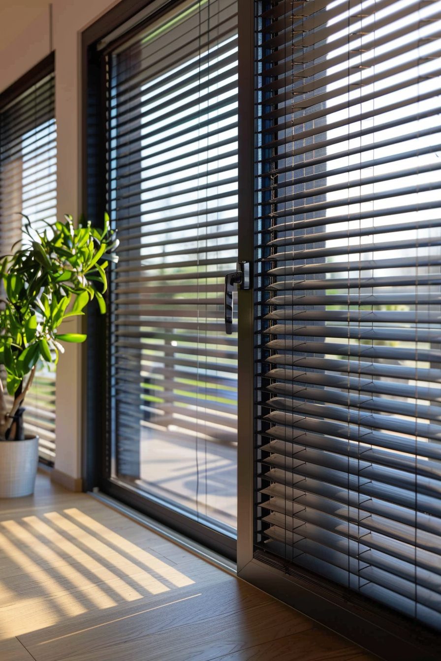 Sunlight filters through venetian blinds, casting striped shadows on a wooden floor beside a potted plant.