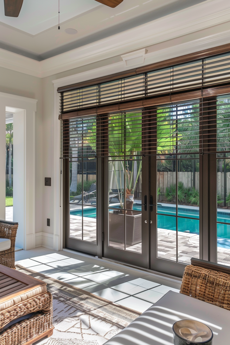 A stylish interior room with large windows, wooden blinds, and a view of a pool surrounded by greenery.