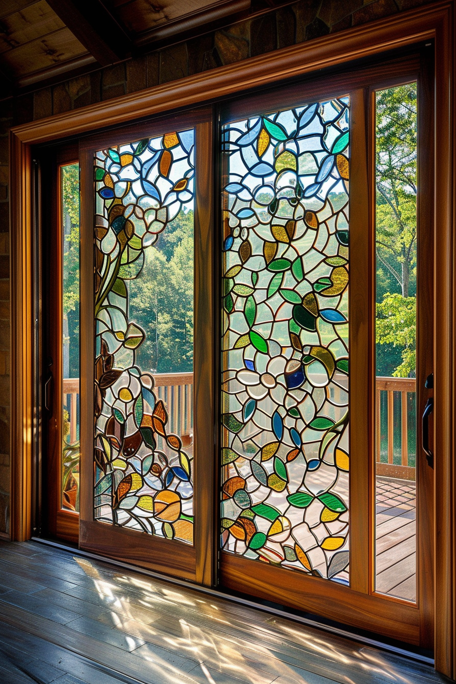 Stained glass doors with tree and leaf design leading to a sunny deck, casting colorful reflections on the wooden floor.