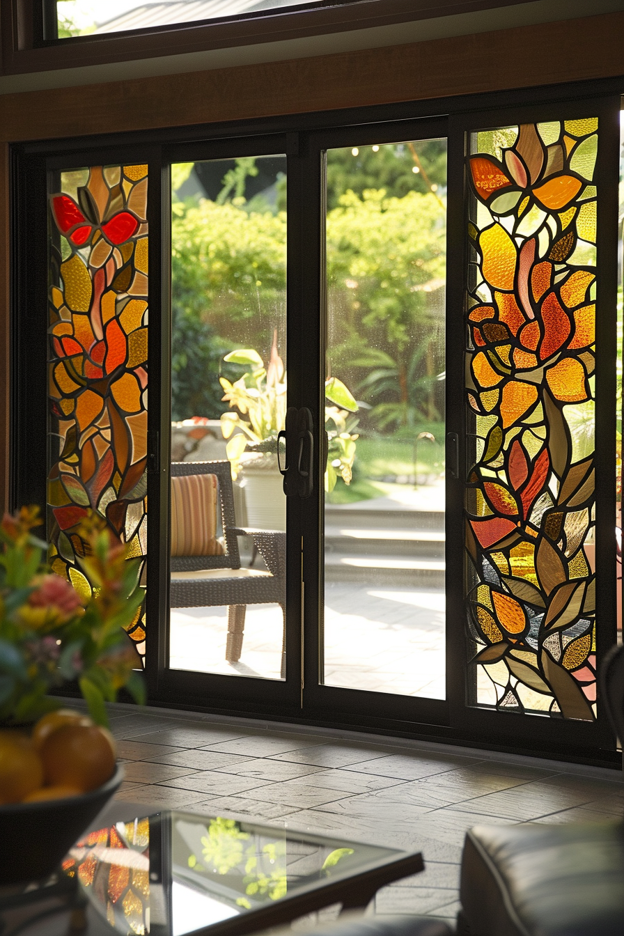 An interior view of a room with a large glass door, featuring colorful stained glass panels on either side, leading to a sunny patio.