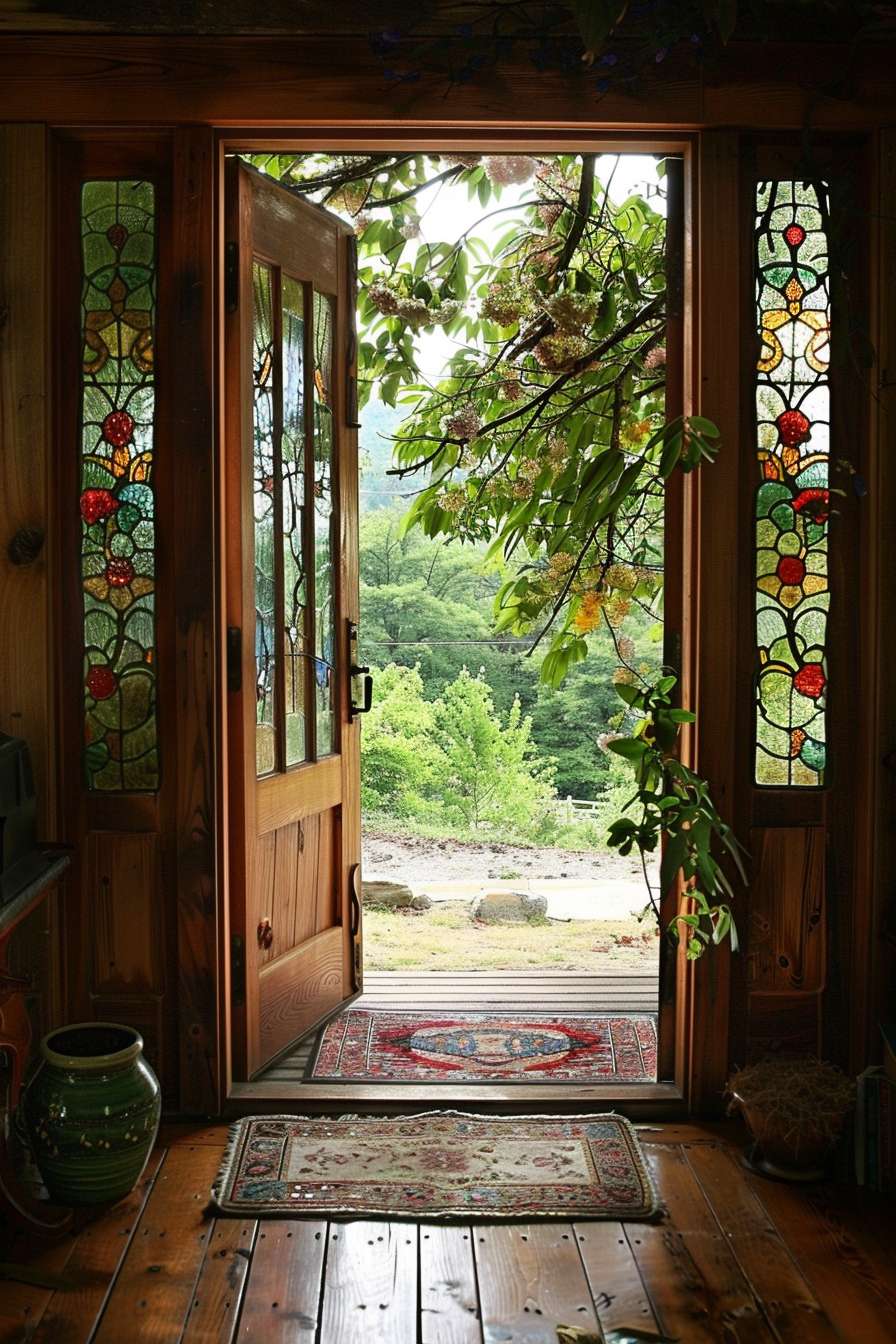 Open wooden door with stained glass panels leading to a garden, with a view of greenery, accompanied by a patterned rug and potted plant indoors.