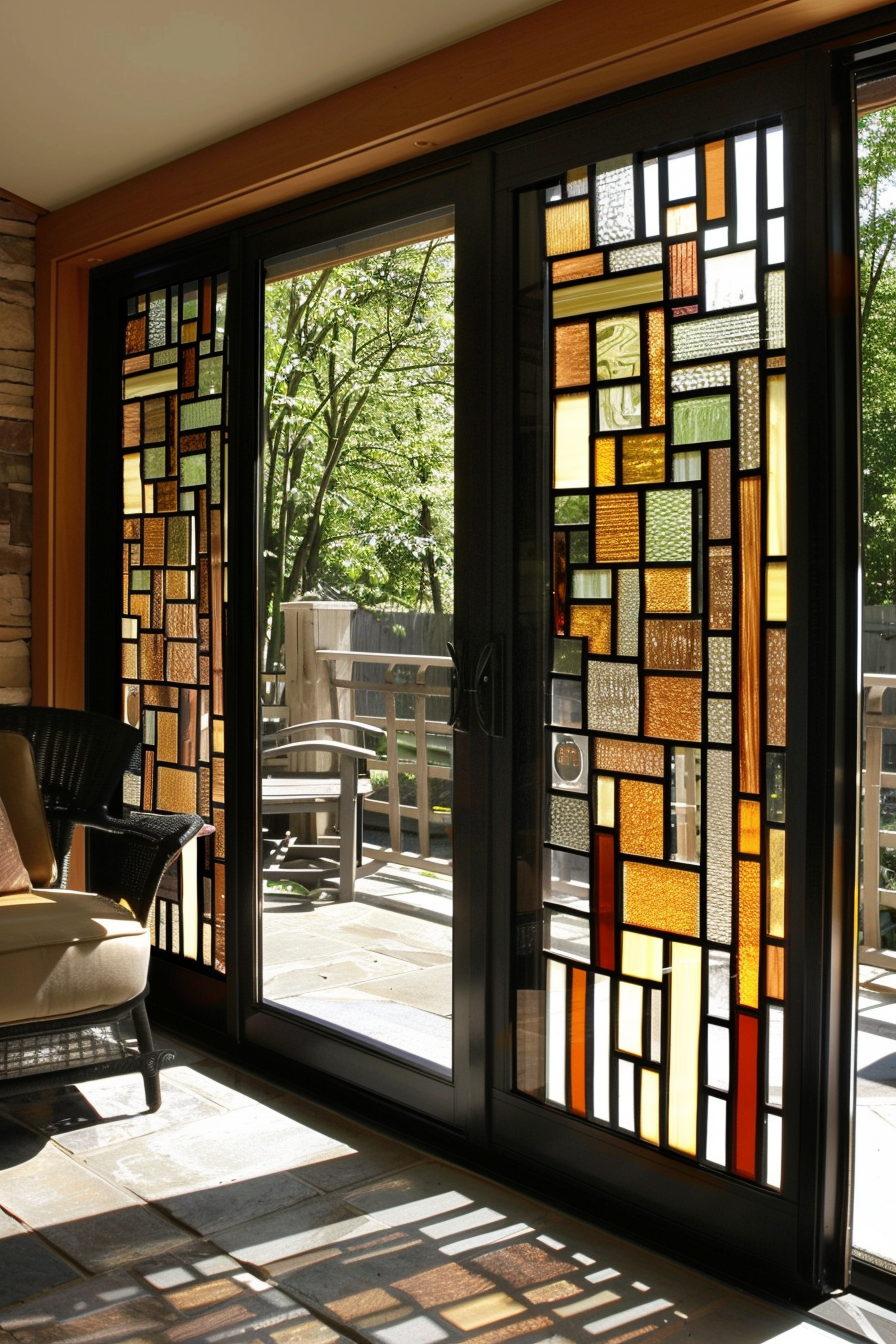 Elegant interior view of a stained glass door with varied amber hues casting vibrant patterns of light on a tiled floor.