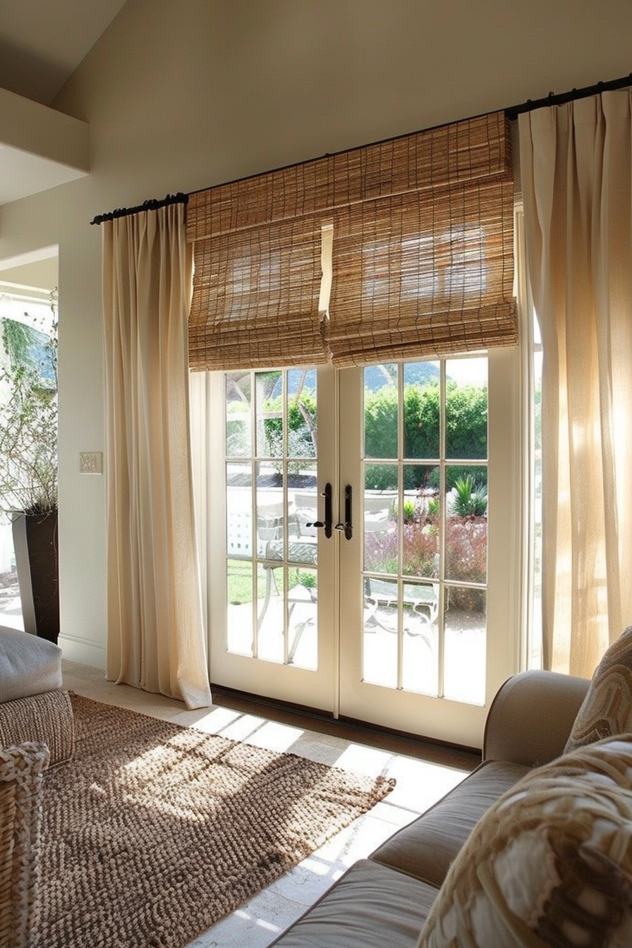 A cozy room with beige curtains, a bamboo shade over a French door, sunlight streaming in, and a view of an outdoor patio.
