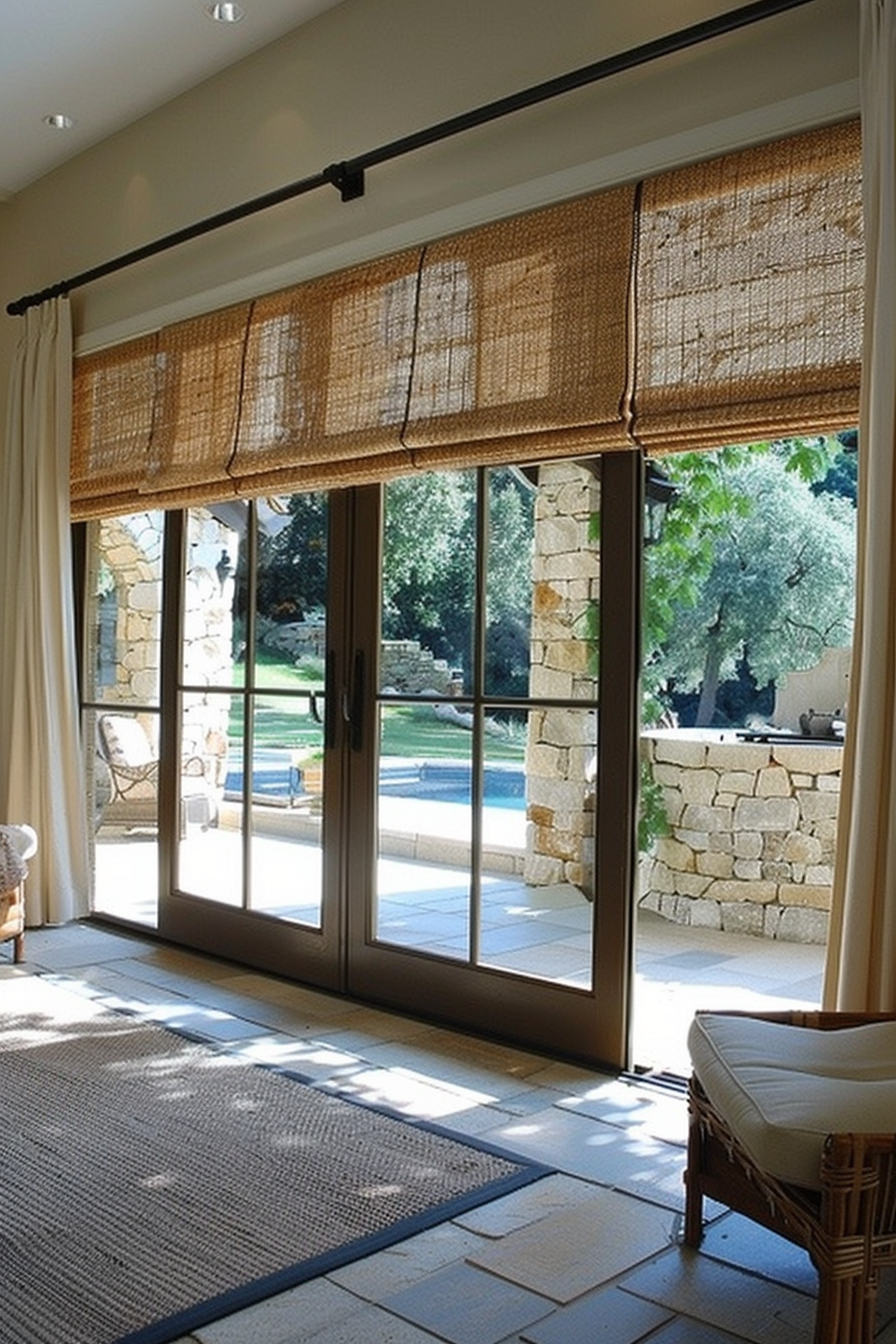 Woven bamboo shades above French doors leading to a pool area, with natural light casting shadows on the tiled floor.