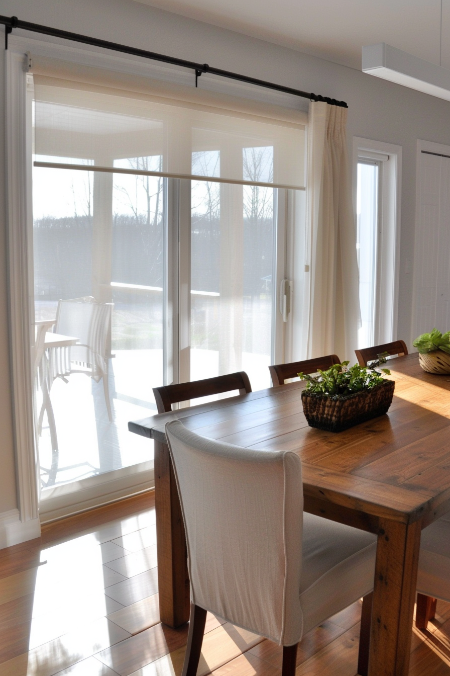 A sunlit dining room interior with a wooden table, chairs, a centerpiece, and sheer curtains in front of glass doors.