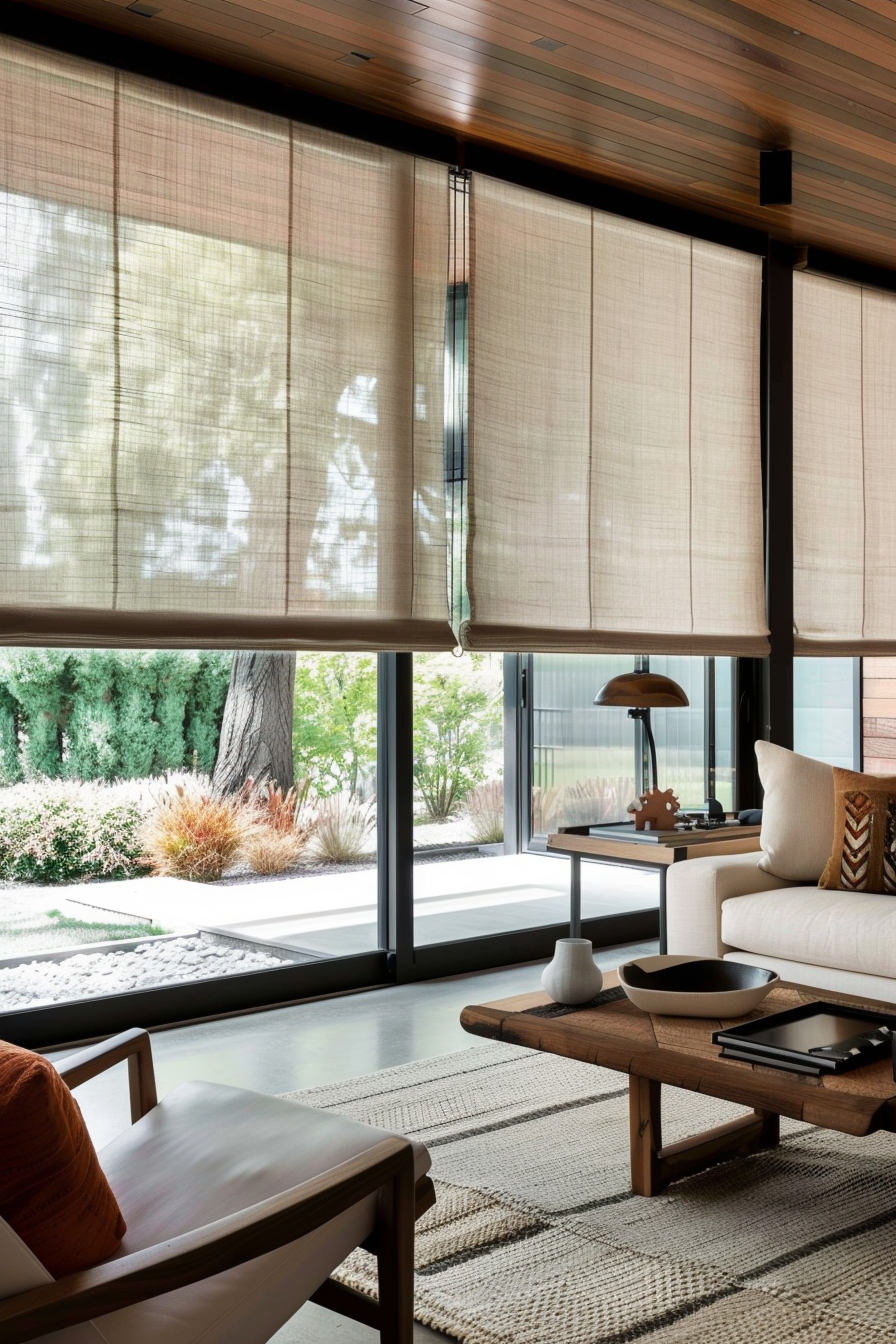 Modern living room with wooden furniture, beige sofa, woven rug, and sheer window blinds with a view of a garden.